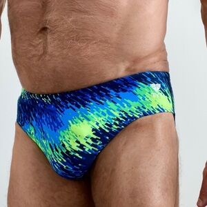 TYR Men's Vibrant Blue and Green Swim Trunks, competition fit